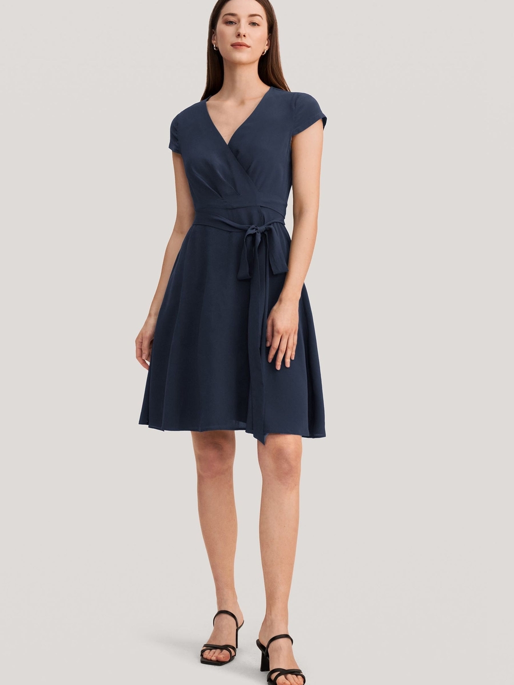 LilySilk Navy Silk Wrap Dress Sz 2 Mulberry Silk Quiet Luxury Coastal Chic - Picture 2 of 12